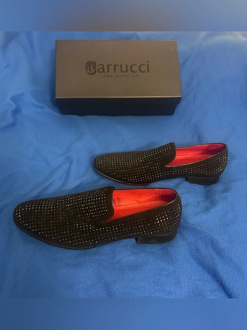 Carruchi Men’s Black Suede/Crystal-Studded Slip-On Loafers with Red Interior.!